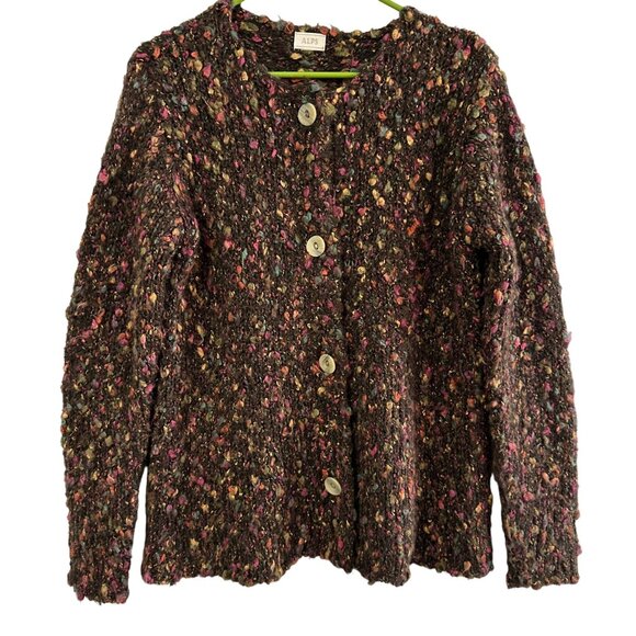 Vtg 90s Nubby Knit Brown Colorful Sweater Cardigan Alpaca Blend Size Large - Picture 1 of 5